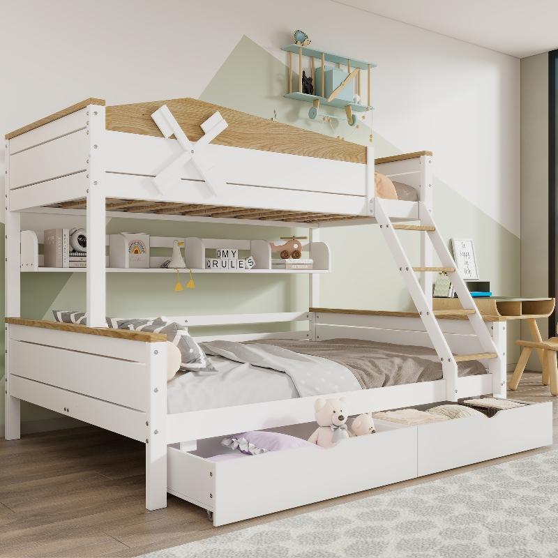 Etagenbett 90x200 oben 140x200 unten Weiß Natur aus Kiefer, MDF mit Regalen, 2 Schubladen und Schrägleiter