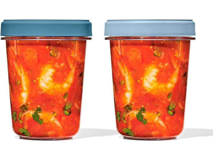 Aufbewahrungssystem OXO GOOD GRIPS OXO Twist & Stack Behälter – 900 ml – 2er Set , rot (transparent, blau), B:11,5cm H:11,5cm L:21,3cm Ø:11,5cm, Kunststoff, Lebensmittelaufbewahrungsbehälter, Aufbewahrungssystem, ideal für Meal Prep