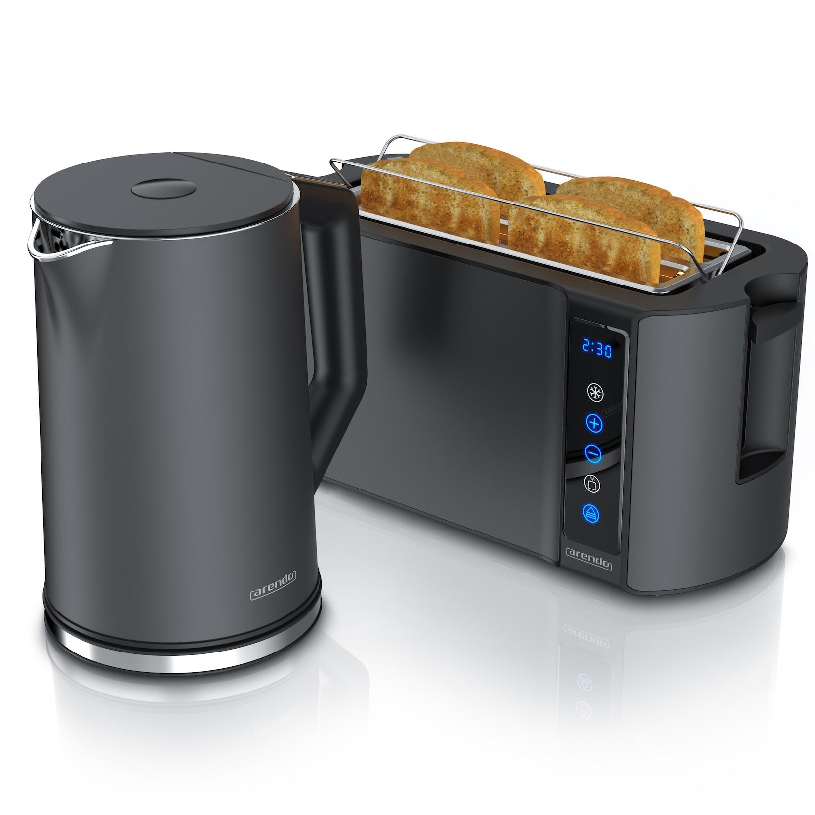 Arendo Frühstücks-Set mit Wasserkocher 1,5 l und 4-Scheiben-Langschlitztoaster, Temperaturwahl, Touchpanel, Brötchenaufsatz, grau