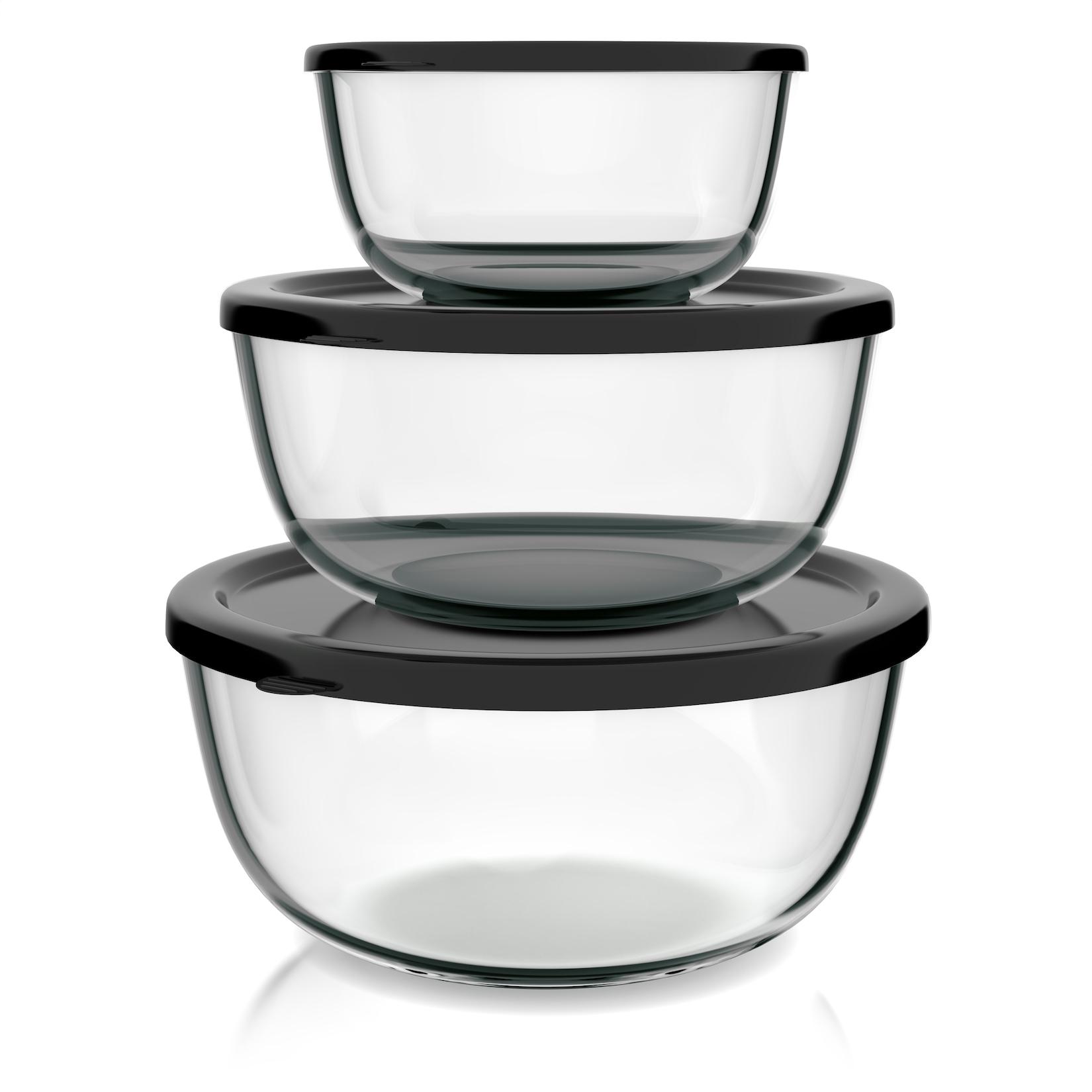 Arendo Salatschüssel, 3er Set mit Deckel, Glasschüssel 1,1L / 2,7L / 4,4L, Glas Rührschüssel, transparent/schwarz