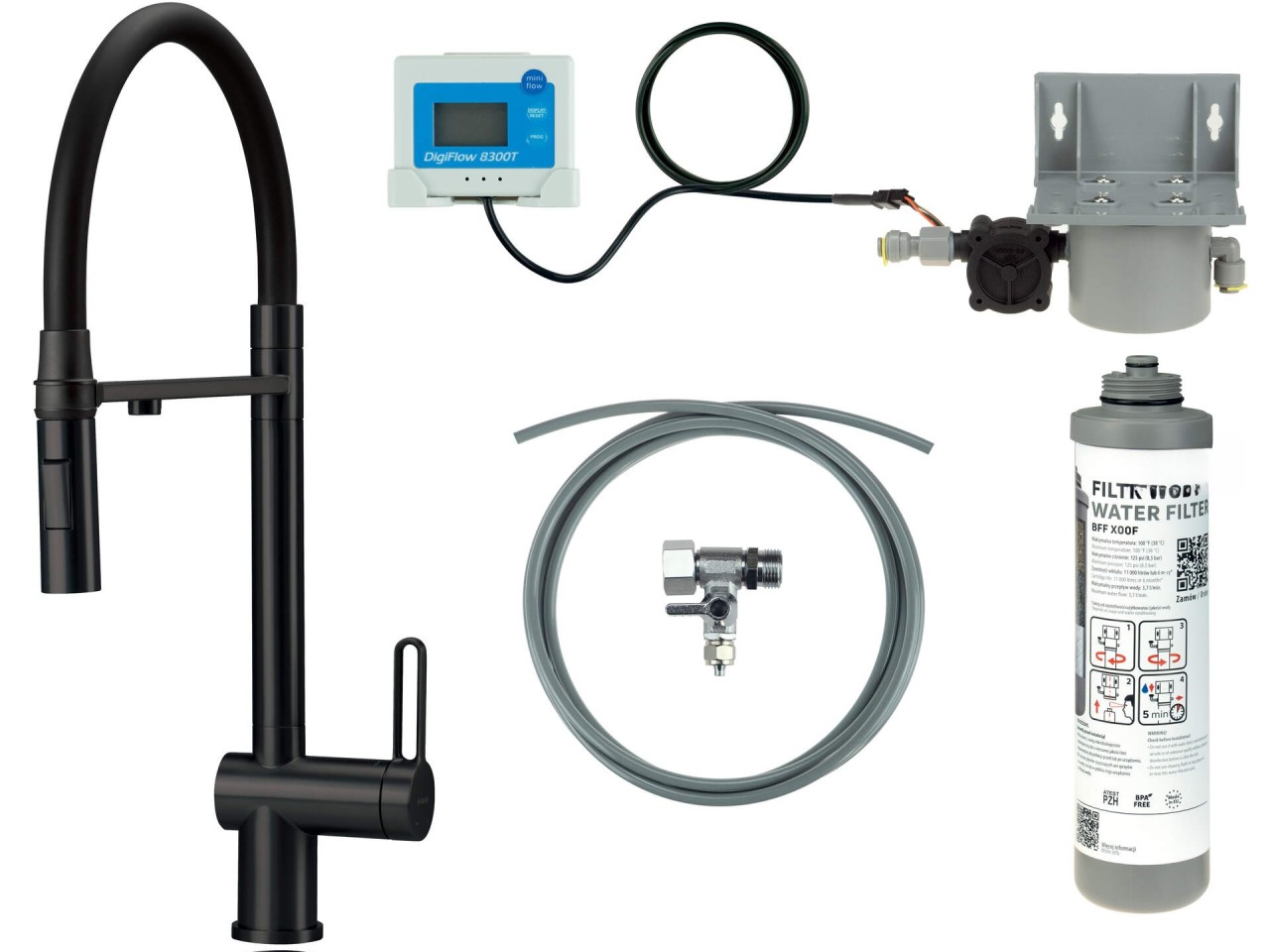 Neuesbad Spültischarmatur mit flexiblem Auslauf, 2-Funktion Brause und Wasserfilter Set, Schwarz NB1DEBRMFN75M1