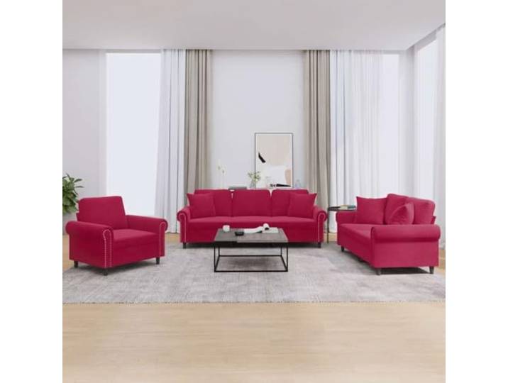 HKPWRBFG 3-tlg. Sofagarnitur, Samt-Garnitur Weinrot, Metall-Gestell Inklusive Zierkissen, Robustes Sperrholz-Design, Komfortable Polsterung