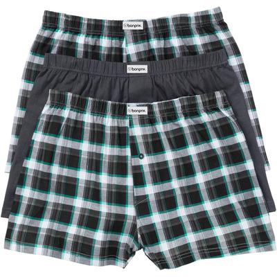 Boxershorts BONPRIX, Herren, Gr. 5, 3 Stk., schwarz (kariert, grau), Obermaterial: 100% Baumwolle, Unterhosen, lockere Passform, aus Baumwolle, Jersey-Qualität, 3er Pack