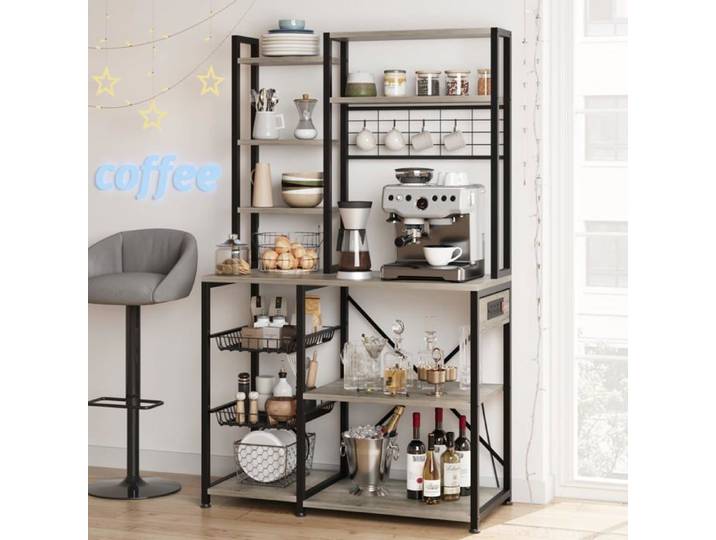 Étagère boulangerie autoportante bois‑acier 90x40x178 cm‑B micro‑ondes‑ustensiles‑épices‑casseroles panier+4 crochets S
