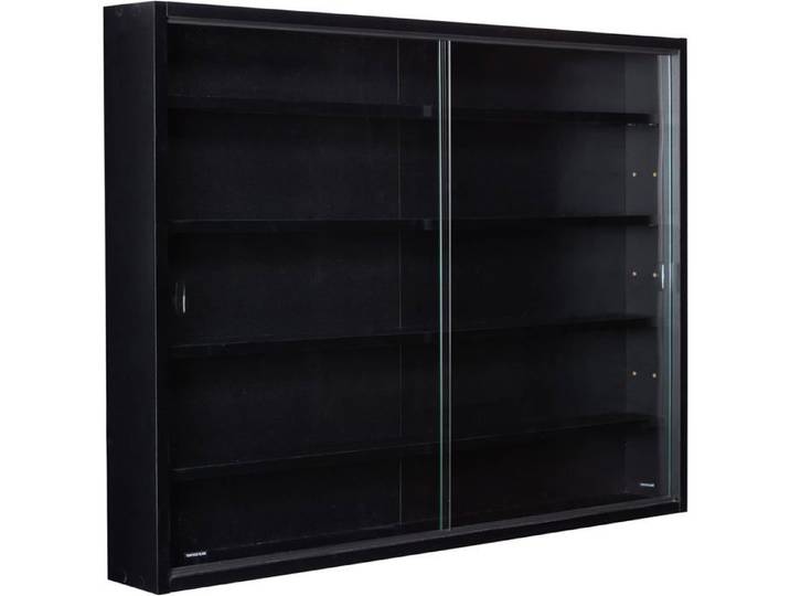Vitrine Murale Verre Noir Armoire 4 Étagères 5 Compartiments Porte Coulissante MDF 80x60x9.5 cm pour Collection et Miniatures