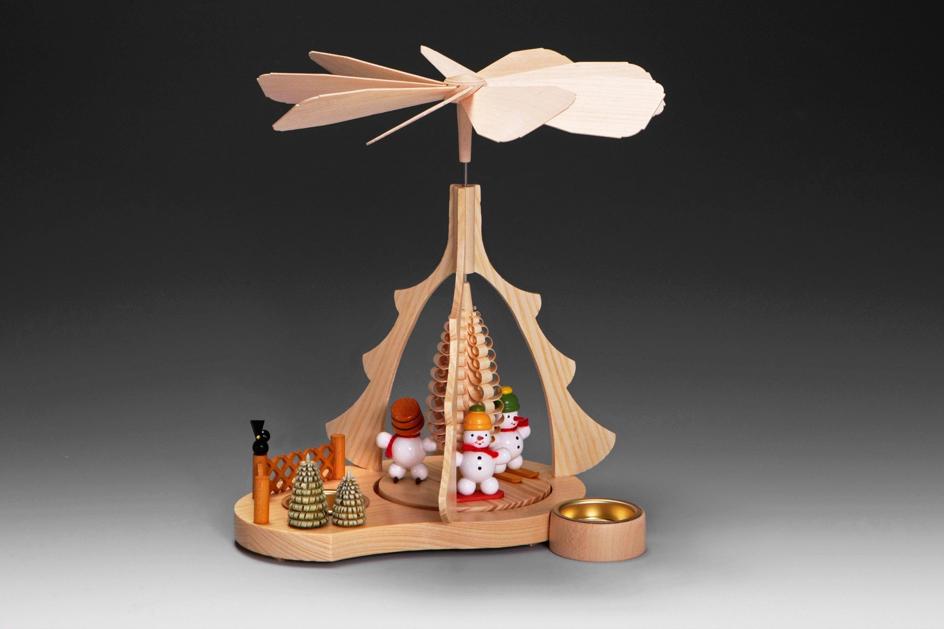 Weihnachtspyramide ALBIN PREISSLER "Tischpyramide - Schneemänner, Weihnachtsdeko", beige (natur, weiß), B:24cm H:26cm T:21cm, Massivholz, Weihnachtspyramiden, Weihnachtspyramide