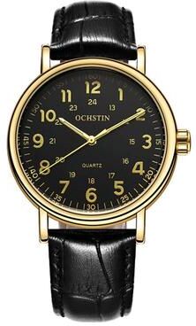 Everyday Crate OCHSTIN 6081C Mens Leather Watch Hollow Dial Quartz Watch Business Wristwatch gold+black