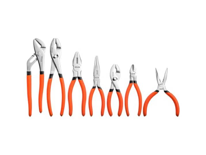 VEVOR Jeu de Pinces Polyvalentes 7 PCs en Acier au Carbone Poli\, Orange Pince Universelle\, Multiprise\, Coupante\, Pinces à Bec Long\, à Joint Coulissant\, Poignées Antidérapantes et Design Ergonomique