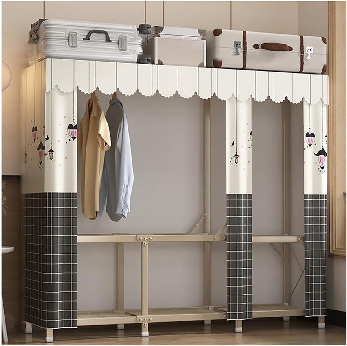 Draagbare kledingkast met vakken en stevig metalen frame, Beige, Hoogte: 170 cm