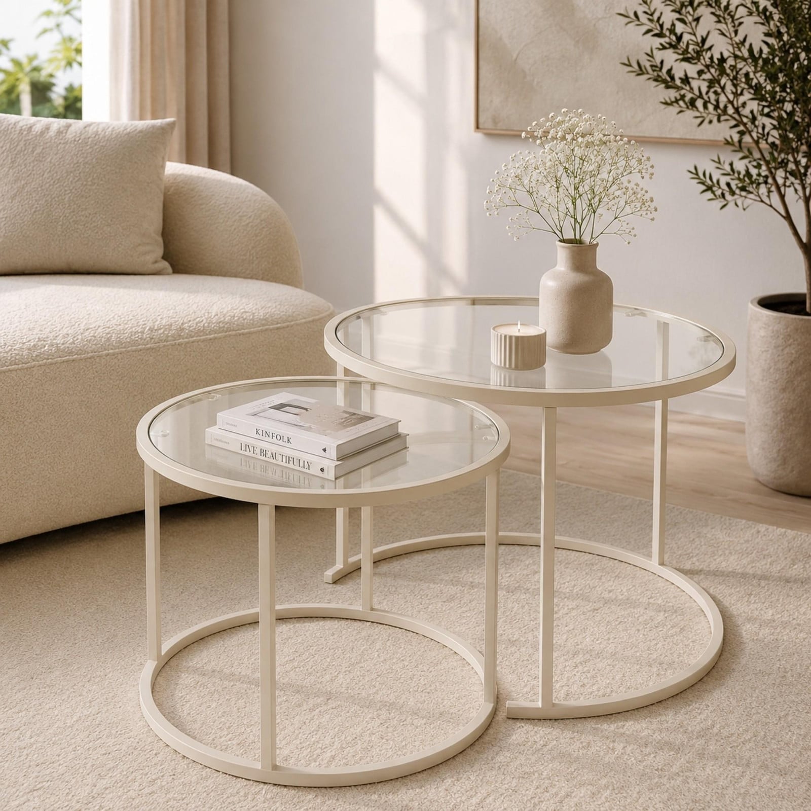 Skye Decor Set van drie bijzettafels - Beige - Glas en metaal