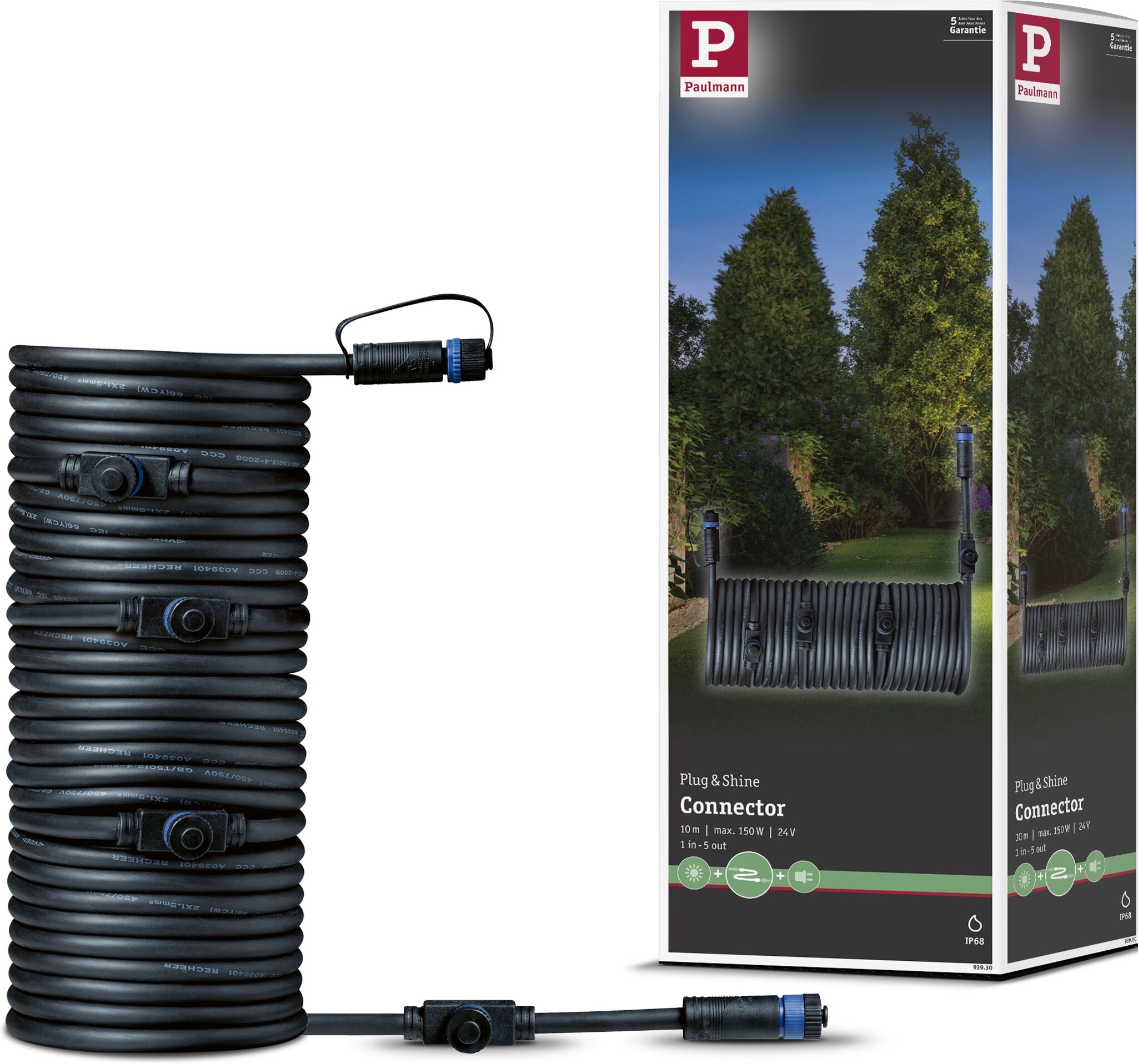 Lampen-Verbindungskabel PAULMANN "Outdoor Plug&Shine 10m IP68", schwarz, Ø:18,4mm, Kabel, Lampen-Verbindungskabel, 1 in - 5 out