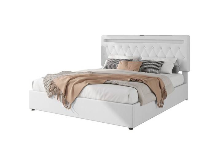 Lit plateforme rembourré 180x200 cm avec mécanisme de levage hydraulique éclairage ambiant RVB USB blanc