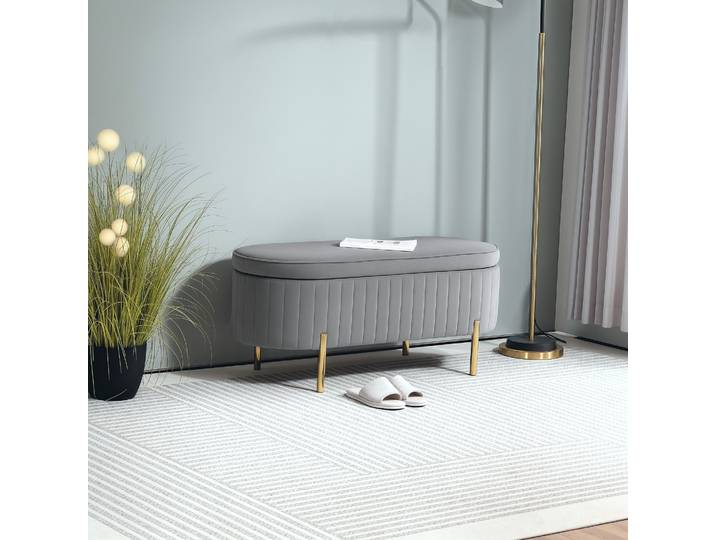 HOMCOM Banc Rangement Velours 72L Pieds Métal Gris 108cm