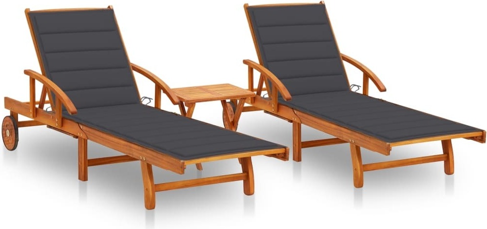 Sonnenliegen 2 Stk. mit Tisch und Auflagen Massivholz Akazie