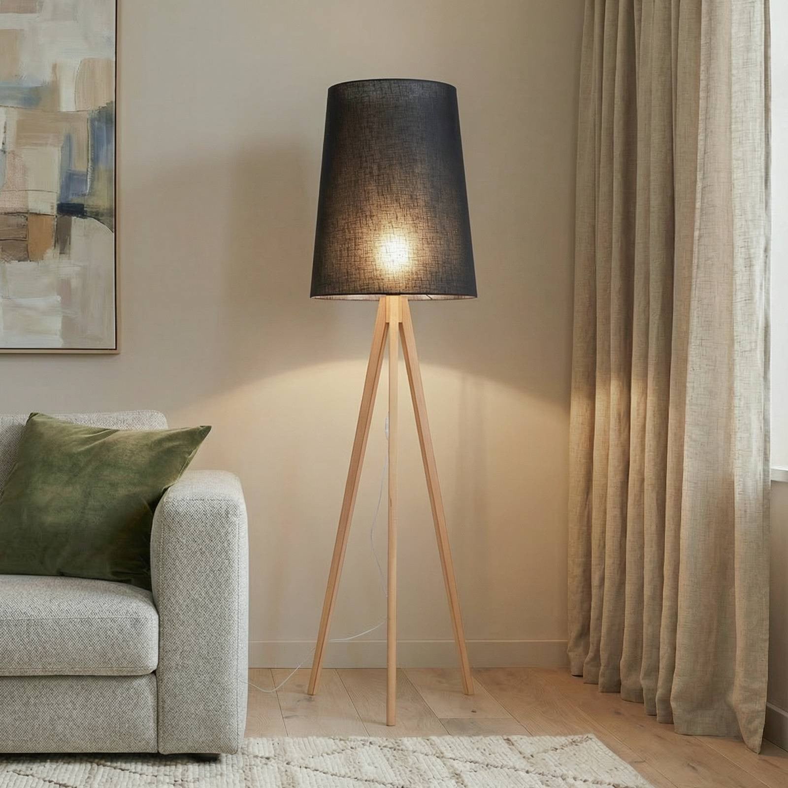 TK Lighting Vloerlamp Modern Hout en Zwart voor Woon- of Eetkamer
