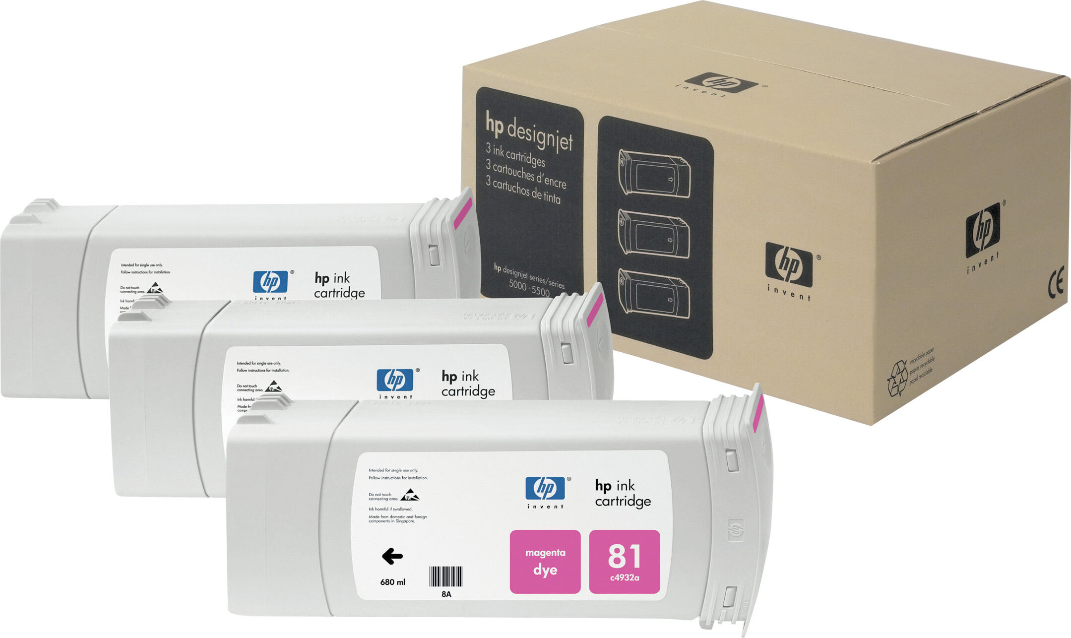 HP 81 3-pack 680-ml Magenta Dye Cartridges, Thermal Inkjet, Magenta, Business, Singapur, 296,9 mm, 158,8 mm