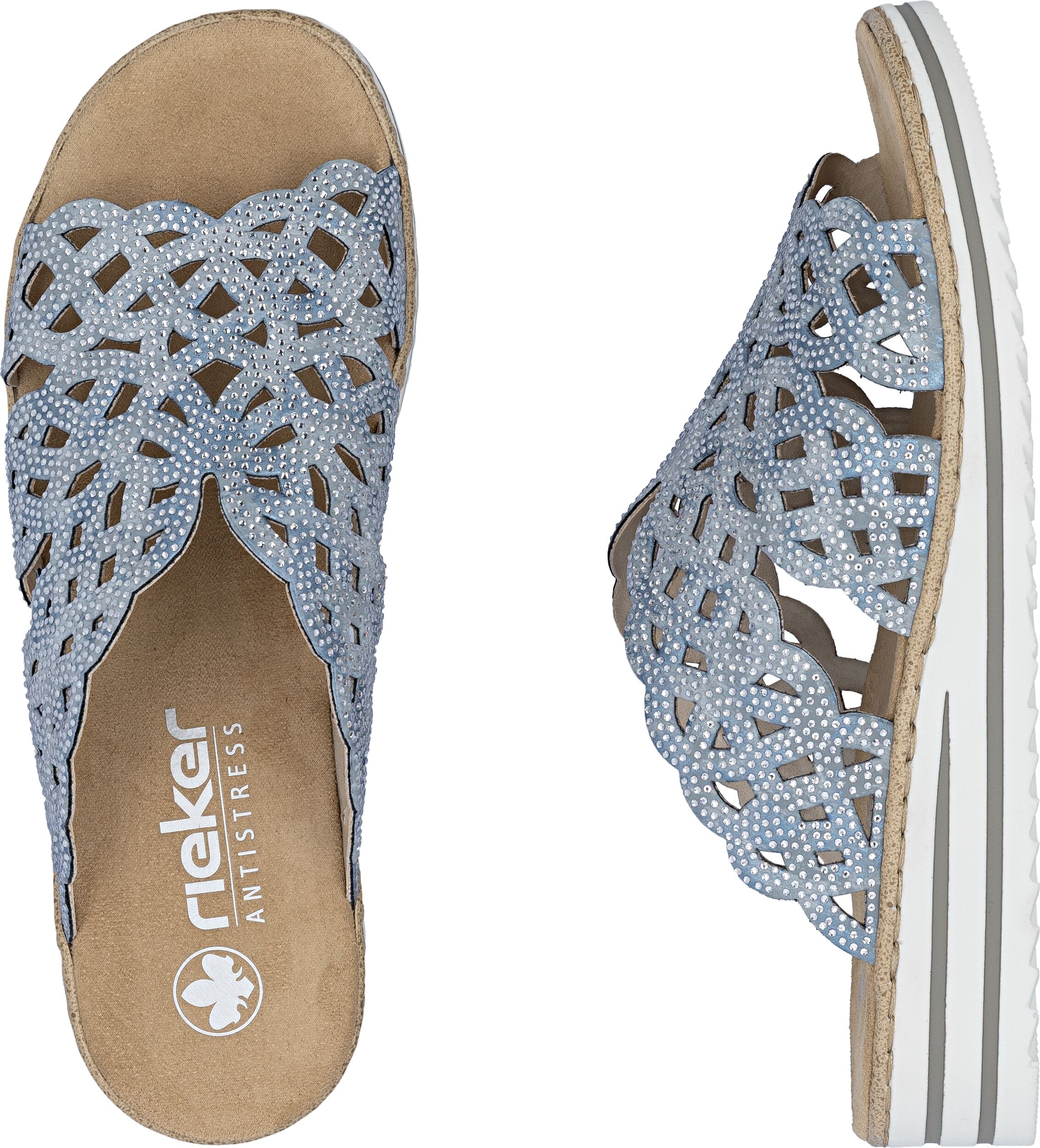 Pantolette RIEKER, Damen, Gr. 40, Synthetik, blau (hellblau), Lederimitat, Schuhe Pantolette, Sommerschuh, Strandschuh, Hausschuh, Keilabsatz, mit Strass-Steinchen hellblau 40, Synthetik