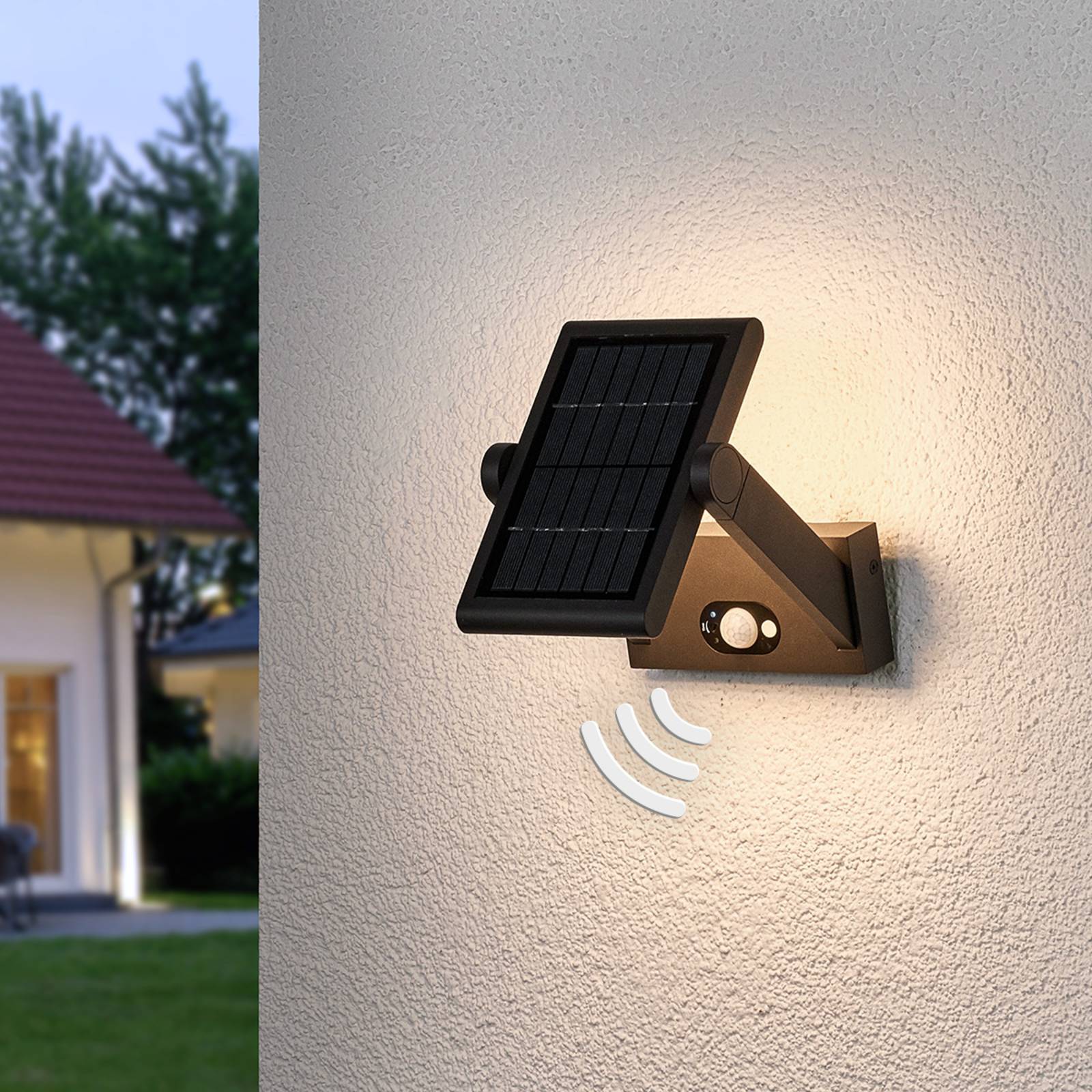 Solar-powered LED outdoor wall light Valerian Lucande, Black, Aluminium, Modern, Solar Lights with Sensor