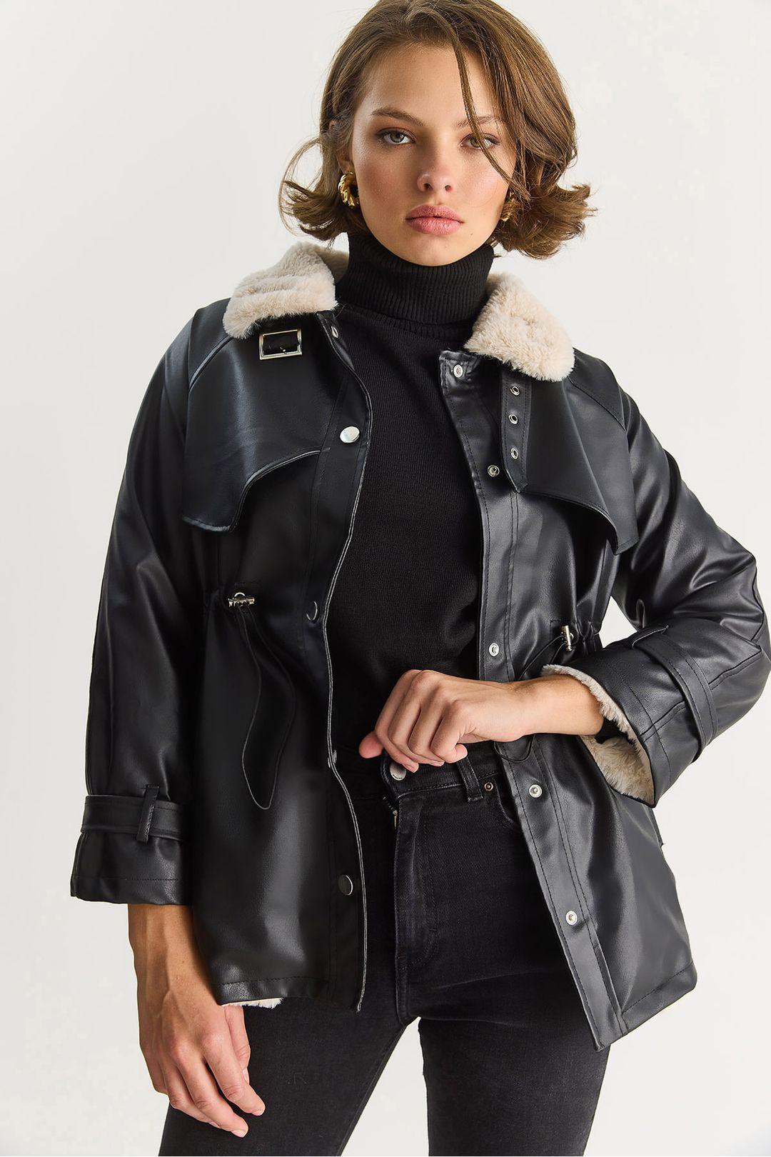 Faux-Lederjacke mit Kunstfell-Details