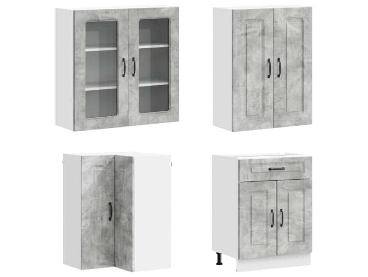 KTHLBRH Kalmar Küche 8 Stück Grau Beton Holz Engineered Verstellbare Füße, Kippschutz, Schrank mit Glastür, inklusive Geschirrspüler