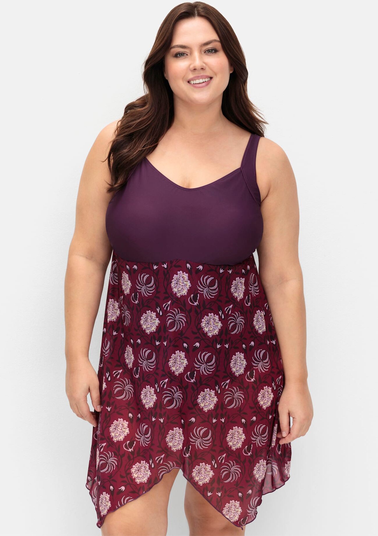 Badekleid SHEEGO BY JOE BROWNS, Damen, Gr. 50, Cup F, lila (beere, gemustert), Elasthan, Badeanzüge Badekleid beere, gemustert 50, Cup F