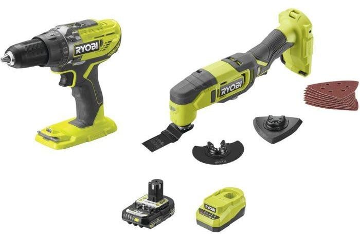 Ryobi Set van 2 18V ONE+ gereedschappen met boor/schroefmachine, multifunctionele machine, 2Ah accu en oplader R18CK2G-1C20G