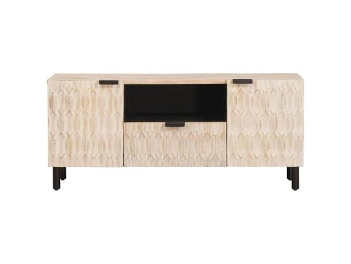 KTHLBRH TV-Schrank mit Schublade, gewaschenes weißes Finish, 105 x 33 x 46 Massives Mangoholz, Rückseite veredelt, 2 Scharniertüren, 1 Schublade, 60 kg Kapazität