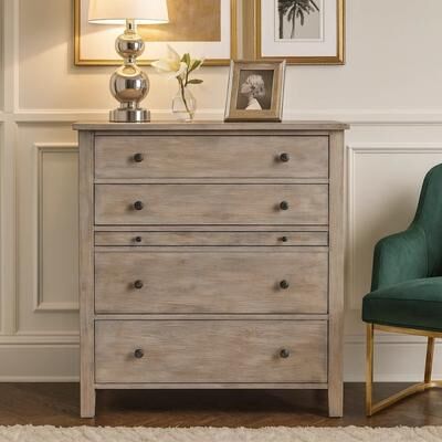 Benjara Wooden Chest with 4 Spacious Drawer and 1 Pull Out Tray, Gray