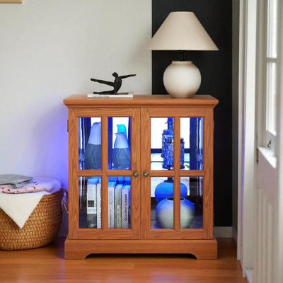 Fundinbaths LED Lighted Curio Display Cabinet with Adjustable Shelves, Retro Glass Showcase and Lattice Doors