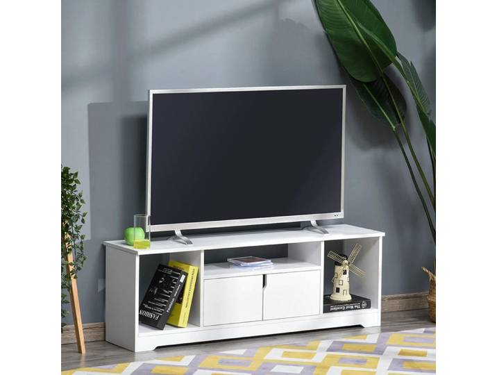 Meuble TV - 120x30x41 cm - Blanc - 3 niches + placard double porte - Design contemporain