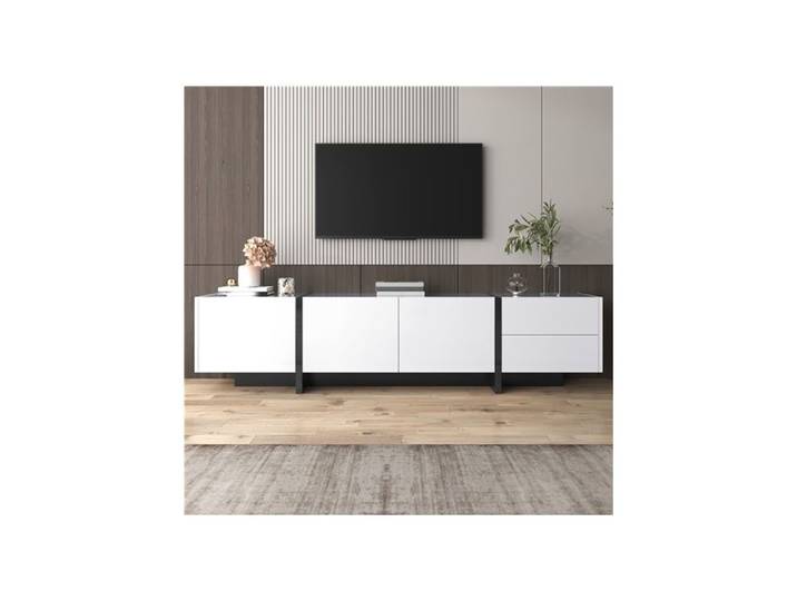 TV-Schrank lowboard Panel mit farbblockierten Beinen in Hochglanz-Weiß und Schwarz mit Türen und Schubladen Einfaches Liniendesign.