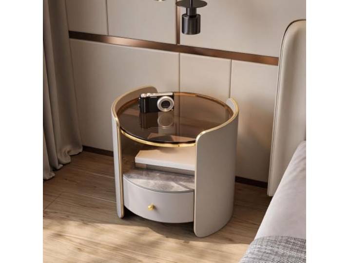 Runder Nachttisch, Nachttisch mit Glasplatte Schublade aus Sinterstein Gebogener Microfaserlederrahmen, Massivholz, Gedämpfte Schublade, Luxuriöser Beistelltisch für Schlafzimmer(Gray)
