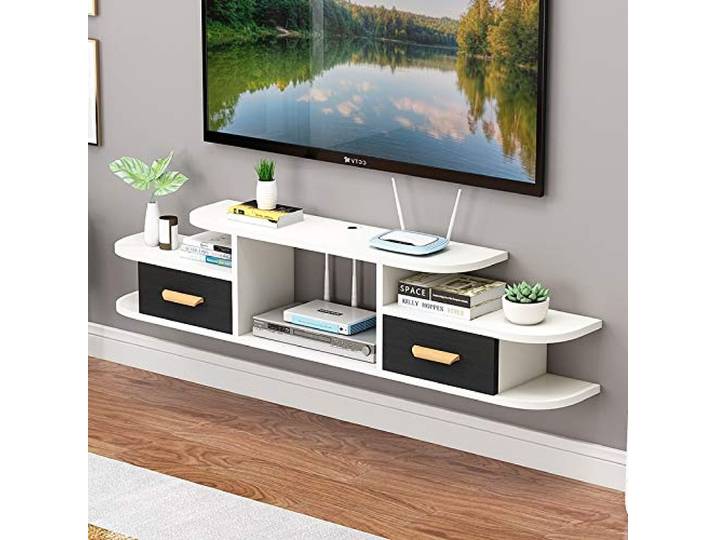 lowboard Schwimmender TV-Ständer, wandmontiertes Entertainment-Center, groß Aufbewahrung mit verschiebbaren offenen Regalen auf der Tischplatte