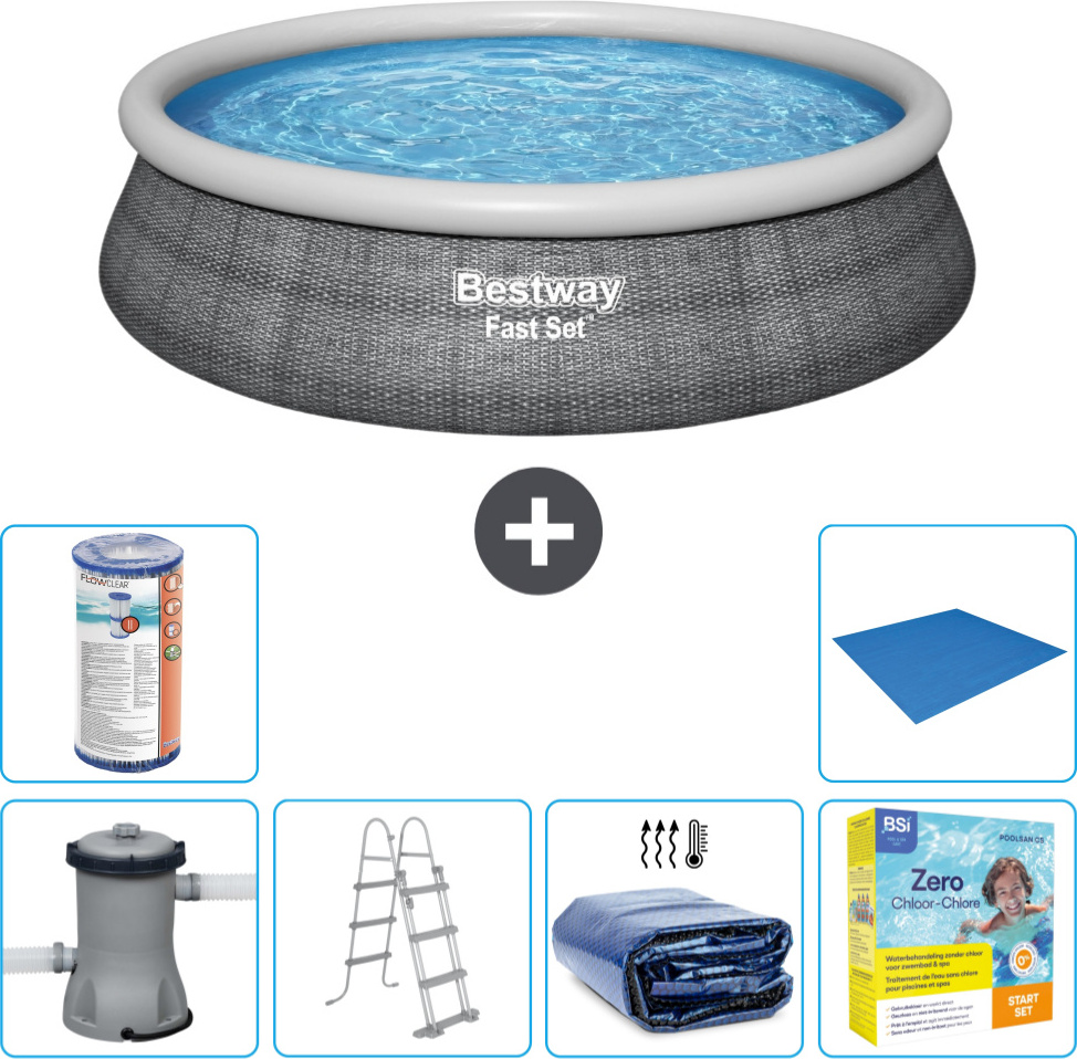 Bestway runder aufblasbarer Fast-Set-Schwimmpool - Rattan-Druck - 457 x 107 cm - inklusive Pumpe - Leiter Sonnensegel - Wartungspaket - Filter - Bodenplane