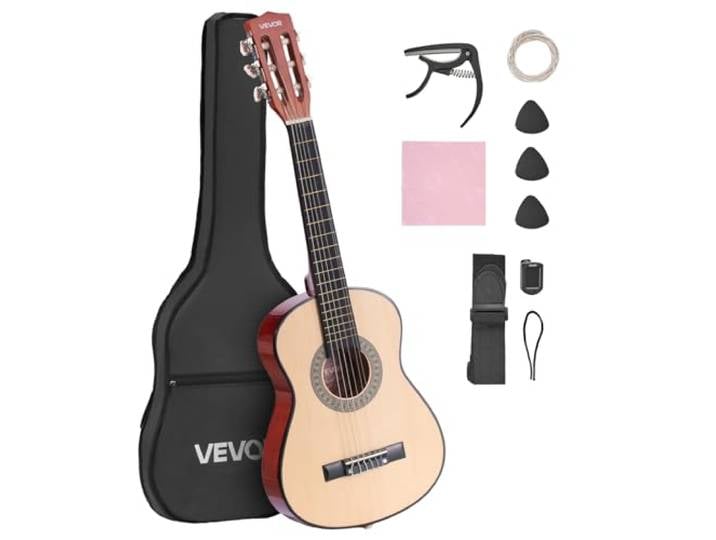 VEVOR Guitare Classique Débutants\, 78 cm\, avec Cordes Nylon\, Housse de Transport\, Sangle\, Accordeur\, Cordes Supplémentaires\, Médiators\, Capodastre\, en Tilleul\, pour Jeunes Enfants Musiciens\, Naturel