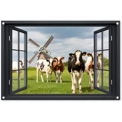 GARTENPOSTER Aussicht - Kuh - Mühle - Kühe - Wiese - Gras - Grün Gartendeko 90x60 cm