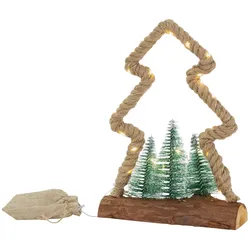 ECD Germany LED-Jute-Baum 23x6,5x30 cm mit 30 warmweißen LEDs, Deko Weihnachtsbaum aus Seil mit 3 Tannen & Jutesäckchen, batteriebetrieben mit Timer,