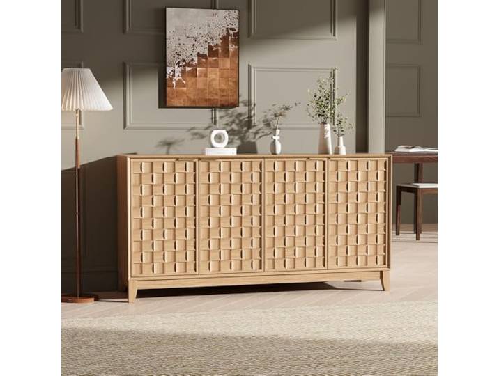 COLAMY Sideboard 150 cm Holz mit Stauraum – Modernes Sideboard für Wohnzimmer, Küchenschrank mit verstellbaren Einlegeböden, Buffet Schrank mit 3D Holzfront Naturholzfarbe