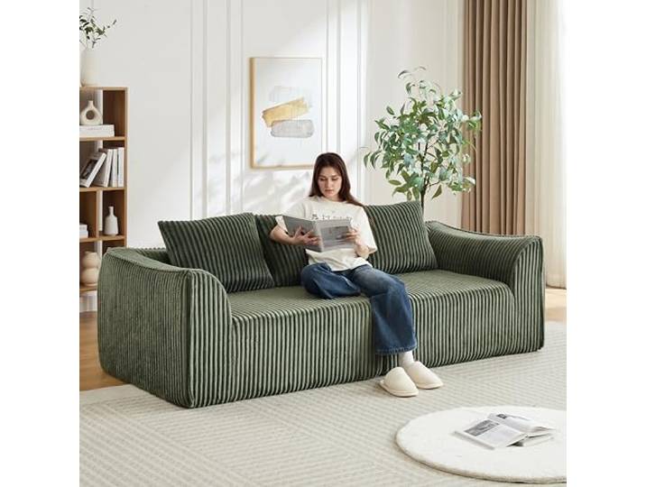 Switdo Cord-Modulsofa 4-Sitzer Grün mit sanft abfallender Lehne Fünf Kissen mit sanft abfallender Rückenlehne aus Cord