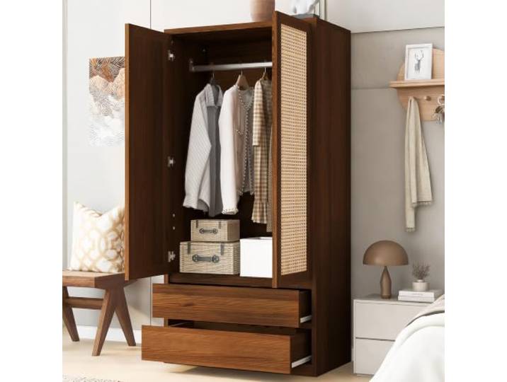 Zweiflügeliger Kleiderschrank, 90 × 50 × 170 cm, mit zwei großen Schubladen, verdeckten Türgriffen, Kleiderschranktüren aus Rattan, großzügigem Hängebereich, multifunktionaler Kleiderschrank，Holzfarbe