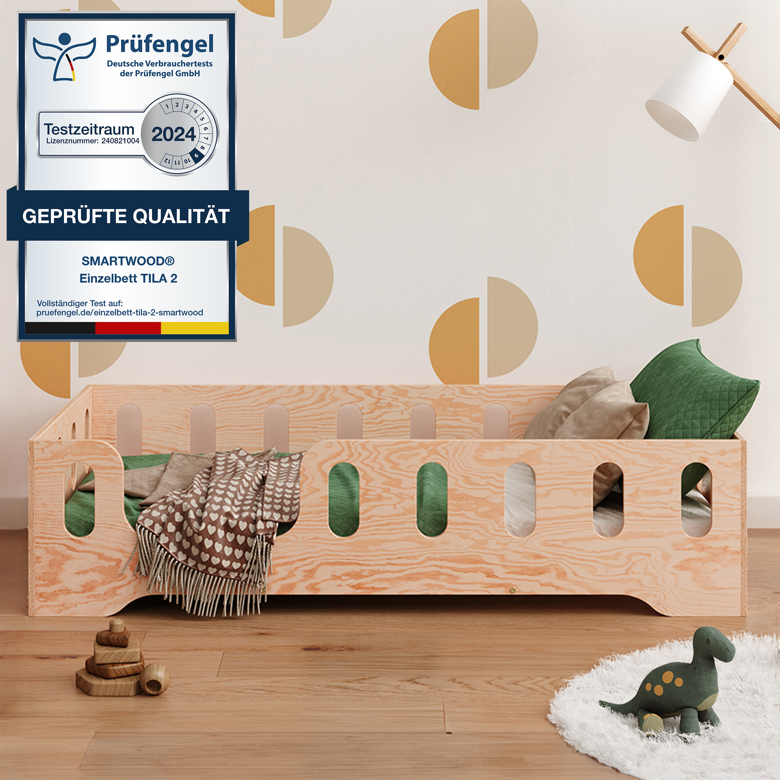 Smartwood Kinderbett 140x200 Holz Montessori Bodenbett mit Rausfallschutz und Lattenrost - Niedriges Bett für Jungen und Mädchen TILA 2L - Naturholz
