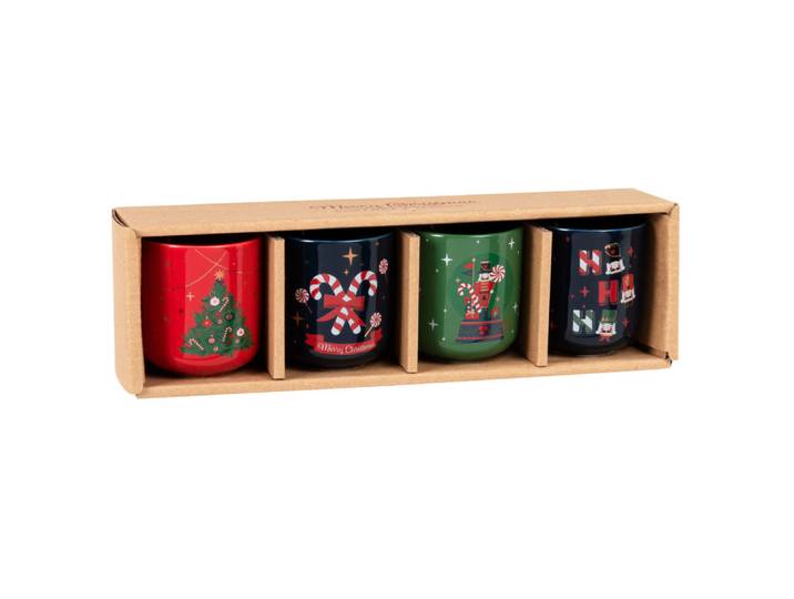 Set Keramiktassen (x4) mit schwarzen, grünen, roten und goldenen Weihnachtsmotiven