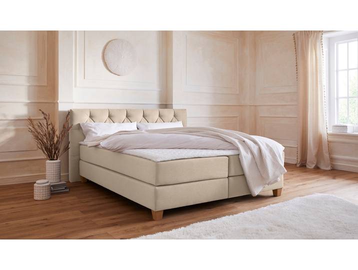 Boxspringbett, Struktur (100% Polyester), Beige, 203×210 cm, 7-Zonen-Kaltschaummatratzen, Modern, Home-affaire