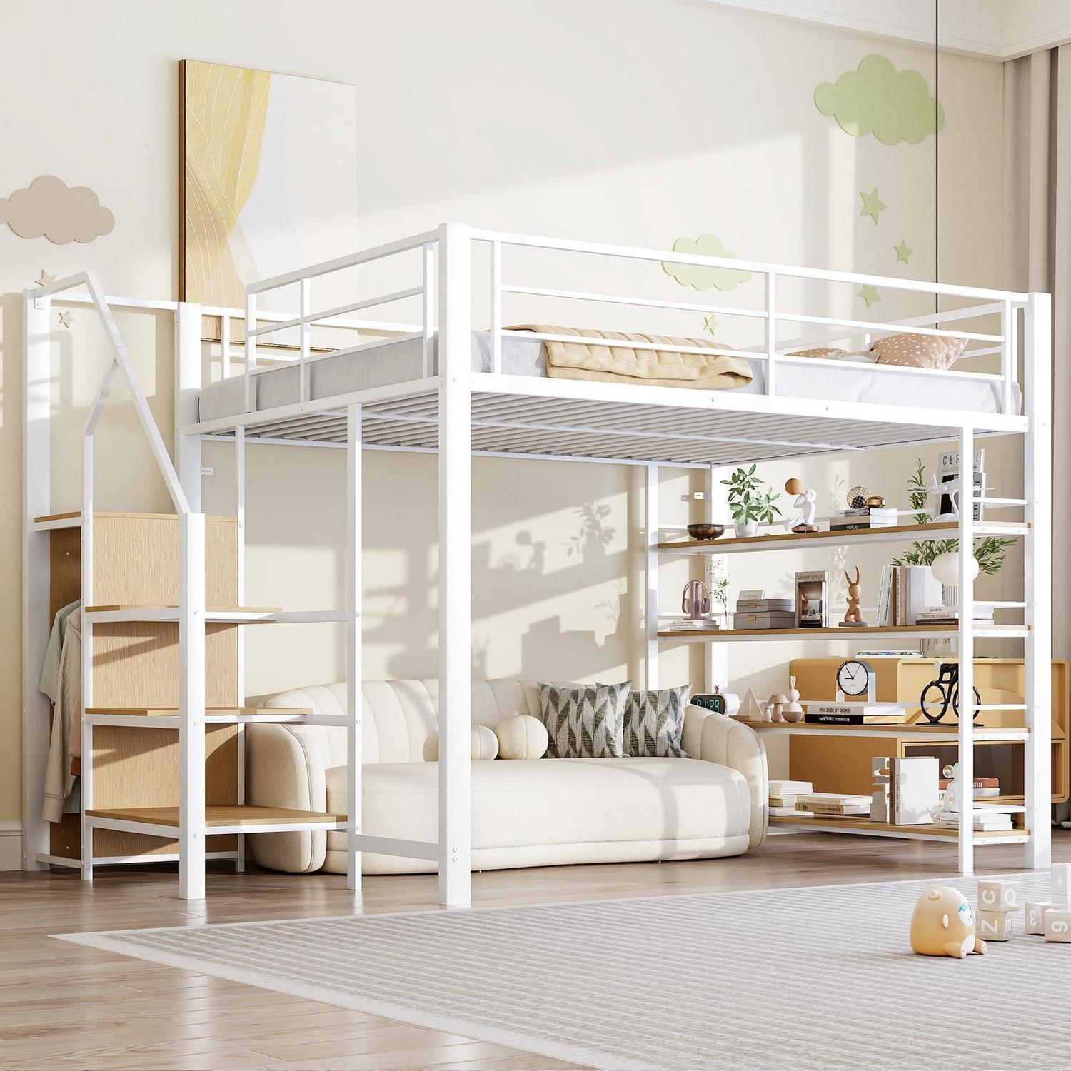 Hochbett 140x200cm mit Sicherheitstreppe und Kleiderschrank, Metall Kinderbett Jugendbett, Eisenrahmen, MDF&Metall, Weiß