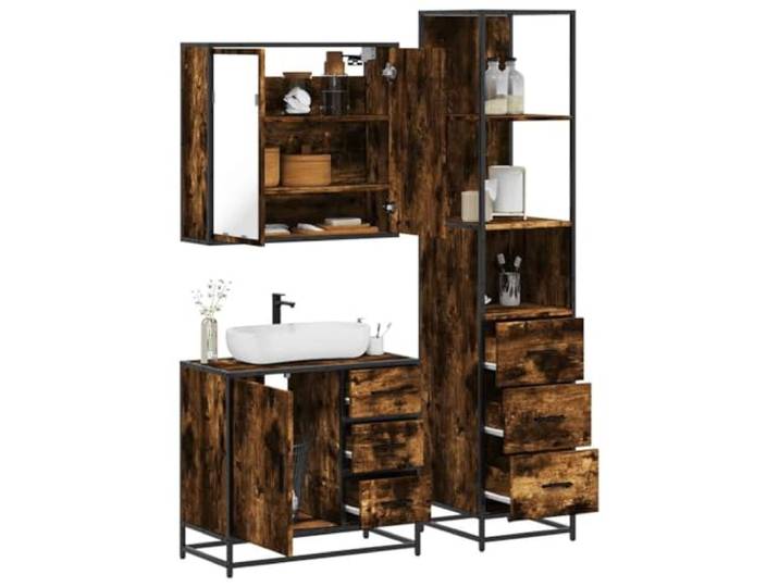 HWKQEQRF 3-TLG. Badmöbel-Set Räuchereiche Holzwerkstoff Wandmontage,Metallgestell,reichlich Stauraum,Lowboard,Spiegelschrank,Waschbeckenunterschrank