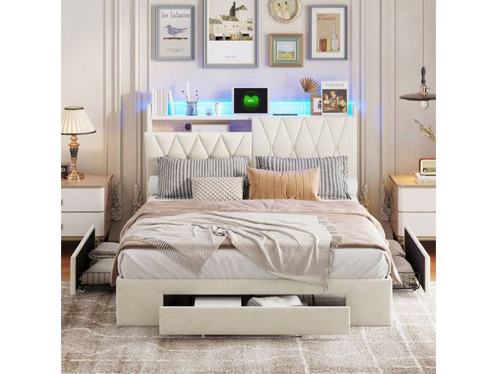 Lit Double 140x200 - Coffre avec Tiroirs - Éclairage LED - Velours Beige - Design Moderne