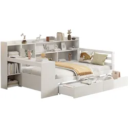 Schlafsofa 90x200 cm aus Massivholz mit Schreibtisch und Regalen – vielseitiges Design mit Stauraum in Weiß