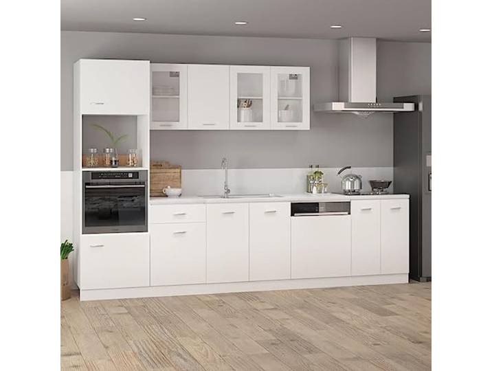 KTHLBRH Lyon Mikrowellenschrank weiß 60 x 57 x 207 cm Mehrschichtiges Holz, 4 Einlegeböden, 2 Türen, Küchenschrank, Behälter für Haushaltsgeräte