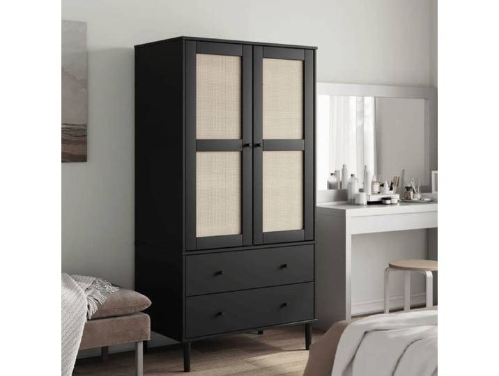 Garde-robe Armoire avec 2 Tiroirs et 4 Compartiments Placard avec Porte Meuble de Rangement Aspect Rotin Noir 358036