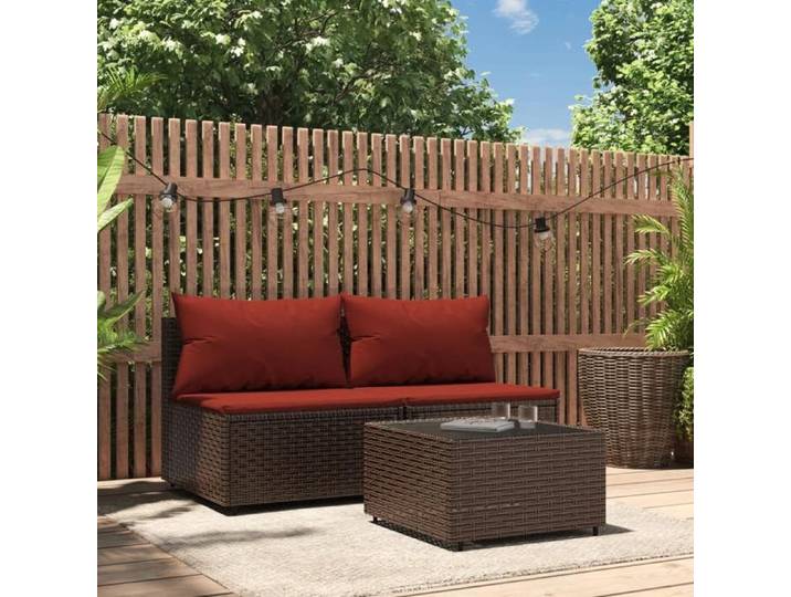 Salon de jardin 3 pcs avec coussins marron résine tressée ensemble de salon d'extérieur ensemble de mobilier 319819